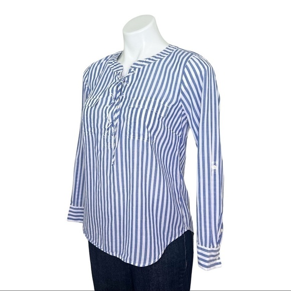 Talbots Pullover Blouse Blue Stripe Long Sleeve 100% Cotton Sp - Picture 4 of 7
